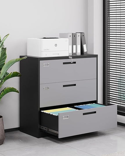 Letaya File Cabinet with Lock-Lateral 3 Drawer Metal Filing Cabinets-Organization Storage for Home Office-Hanging Letter/Legal/F4/A4 Size (Grey Black)
