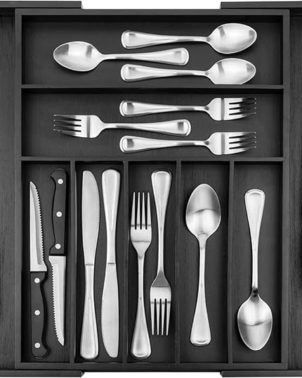 Purawood Bamboo Drawer Organizer - Expandable Silverware Organizer & Utensil Organizer, Cutlery Tray with Dividers, 7-9 Slots - Premium Kitchen Drawer Organizer for Utensils & Flatware (Black)