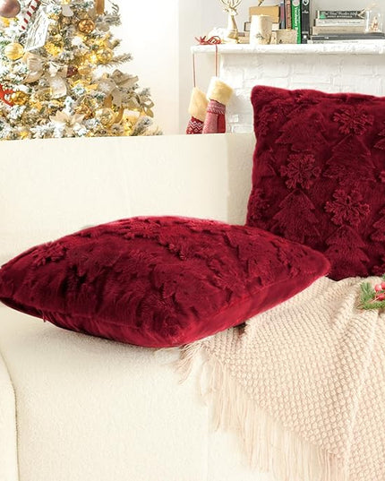 Touchat Christmas Pillow Covers 18x18, Soft Faux Rabbit Fur Throw Pillow Covers with 3D Embroidery Christmas Tree and Snowflake Design for Winter Holiday Home Decor, Couch Sofa Bedroom, Red