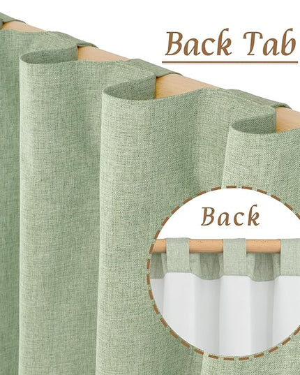 LAMIT Natural 100% Blackout Linen Curtains, 45 Inches Linen Textured Thermal Bedroom Curtains Back Tab and Rod Pocket Neutral Panels with White Liner for Farmhouse, 2 Panels, 38 x 45 Inch, Light Green
