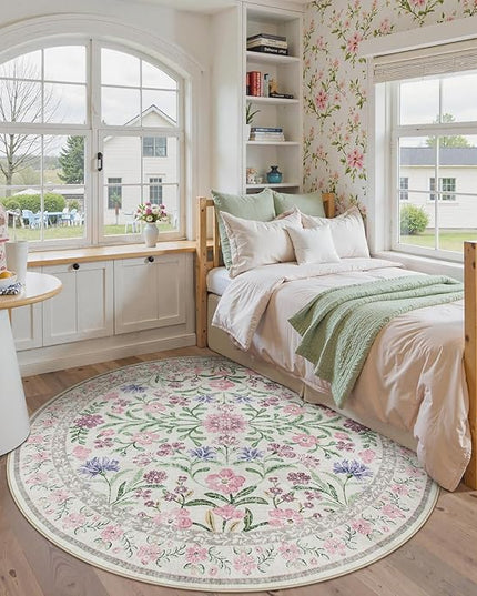 Wonnitar Floral Washable Round Rugs 6ft, Purple Circle Rugs for Bedroom Girls Dorm, Ultra-Thin Non Slip Boho Carpet for Nursery Girls Room Decor Living Room Playroom, Light Purple/Pink