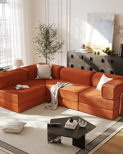 108" L Shaped Couch，Modular Sectional Sofa with Chaise，Cloud Sectional Couch with Deep Seat & Removable Pillow for Living Room,Bedroom,No Assembly Required（Brick Red）