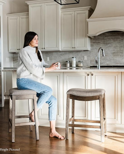 Maven Lane Adrien Backless Bar Stool – 31 Inch Saddle Seat with Footrest – Brown Solid Wood Frame & Grey Fabric Upholstery – Ideal for Bars, Pub Tables & Tall Kitchen Counters