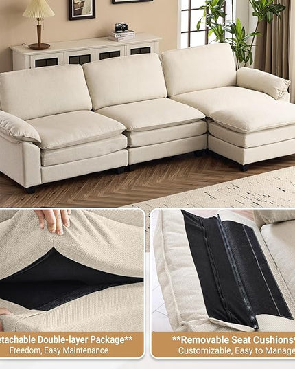 VINGLI 121" Deep Cloud Couch, Lazy Modular Sectional Sofa Set for Living Room,Modern Linen 3-Seat Convertible Loveseat Sofa with 1 Ottoman for Small Space（Beige）