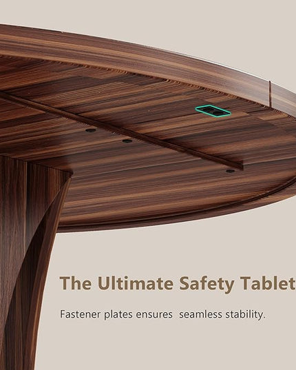 Round Dining Table for 4-6, Kitchen Table with Sturdy Double Arc & Rounded Base & Backboard Clasp Desktop, Mid-Century Modern Circle Dinner Table for Dining Living Room, Space Saving, Walnut