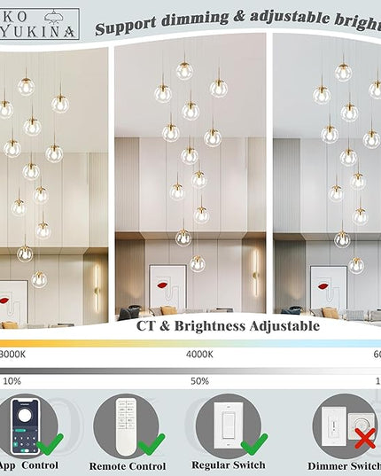 KoKo&Yukina 12-Light Gold Mid Century Modern Chandelier for Living Room Staircase Chandelier for Entryway Clear Globe Glass Chandelier High Ceiling Chandeliers Foyer Entryway (Bulb & Remote Incl.)