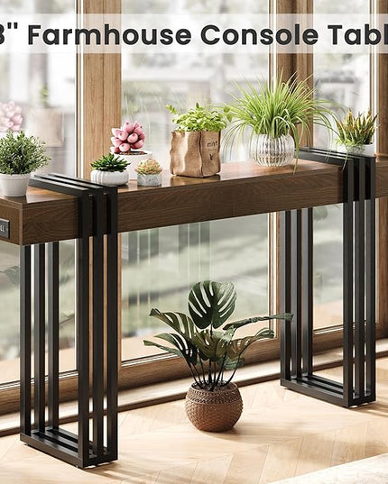 63" Long Console Table for Entryway - Behind Couch Table for Living Room, Wood Sofa Tables with Black Parallel Metal Frame & Power Outlet for Hallway, Entrance, Narrow Foyer, Walnut
