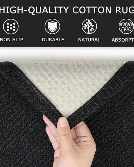 KOZYFLY Washable Entryway Rug 3x5 Ft Area Rugs Cotton Rubber Backed Throw Rugs Indoor Door Mat Kitchen Rugs Braided Floor Carpet for Front Entrance Kitchen Living Room, Black