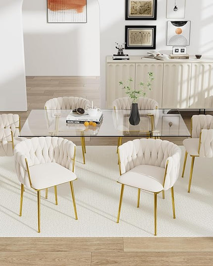 Gold Luxury Glass Dining Table Set for 6, 7 Pcs Clear Glass Top Rectangle Dinner Table Set, 63'' Modern Minimalist Kitchen Table Set, Ivory Woven Chair, for Living Room Large Apartment