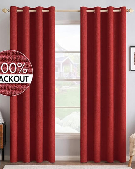 MIULEE Linen Curtains for Bedroom 100% Blackout Thermal Insulated Red Grommet Room Darkening Curtains & Drapes Christmas Decor for Living Room Nursery 52 x 90 Inch (2 Panels)