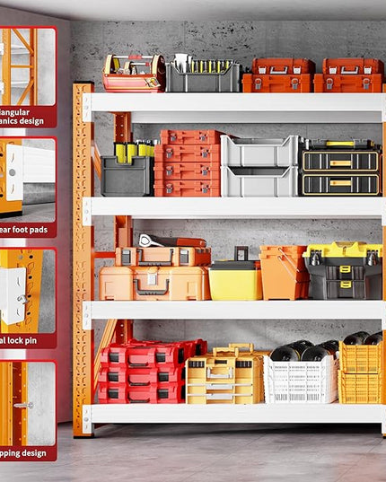 5000LBS Garage Shelving 59" W Garage Shelving Heavy Duty 4-Tier Metal Storage Shelves Adjustable Shelf Unit Storage Rack for Basement Supermarket Warehouse 59" W x 20" D x 78" H Orange-White