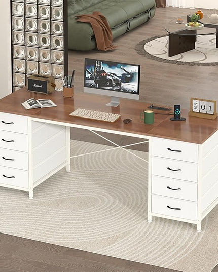 60 Inch Computer Desk with 8 Drawers, Home Office Desk with Power Outlets, Work Study Gaming Desk with 8 Fabric Drawers, Brown and White