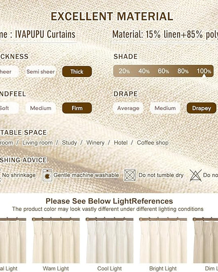 IVAPUPU Cream Beige Pinch Pleated Full Blackout Linen Curtains for Bedroom, Black Out Curtains 90 Inches Long for Living Room Darkening Thermal Insulated Neutral Pleat Drapes with 16 Hooks, 2 Panels