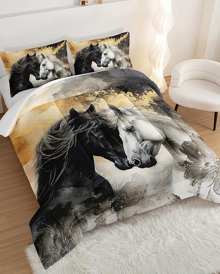 Black White Horses Comforter Set Full Size,Golden Ink Painting Flora Bedding Set for Kids and Adults Bedroom Horse Decor,Wild Animal Theme Art Aesthetics Comforter Set with 2 Pillowcases.