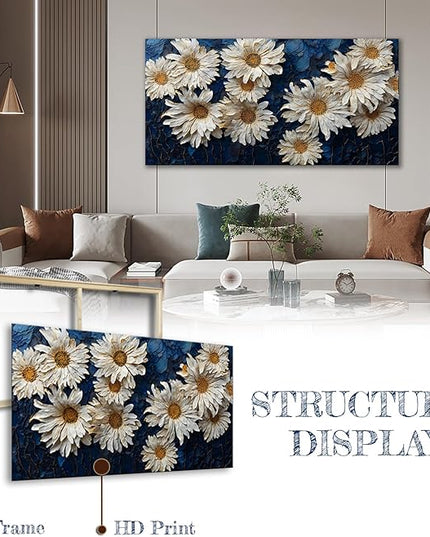 HUADAOART White Daisy Canvas Wall Art Navy Blue Background 40 x 20 inches Contemporary Floral Painting Living Room Bathroom Ready to Hang