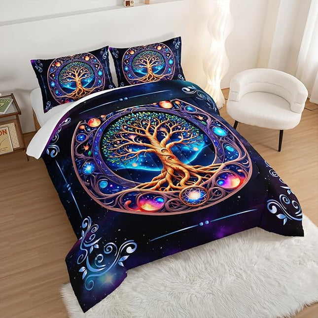 Tree of Life Bedding Twin Comforter Set,Mystic Planet Starry Sky Printed Bedding Comforter Sets for Kids Boys Girls Room Decor,Bohemian Bedding Puffy Comforter Sets 2 Pillowcases.