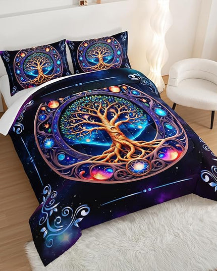 Tree of Life Bedding Queen Comforter Set,Mystic Planet Starry Sky Printed Bedding Comforter Sets for Kids Boys Girls Room Decor,Bohemian Bedding Puffy Comforter Sets 2 Pillowcases.