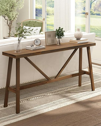 Wnutrees 63" Farmhouse Solid Wood Console Tables, Rustic Hallway Table, Solid Firwood Sofa Table for Entryway, Living Room, Easy Assembly, Natural