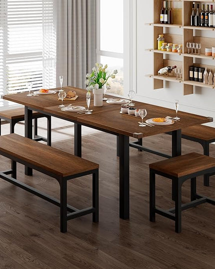 Feonase 5-Piece Dining Table Set for 4-8 People, 63" Extendable Kitchen Table with 2 Benches and 2 Square Stools, Mid-Century Modern Wooden Dining Room Table, Space-Saving, Walnut