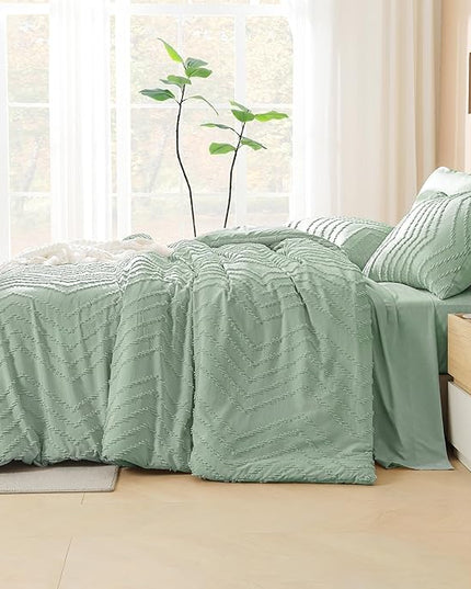 Litanika Full Size Comforter Set with Sheets Sage Green- 7 Pieces Bed in a Bag Full Boho Tufted Complete Bedding Sets with Comforter, Sheets, Pillowcases & Shams