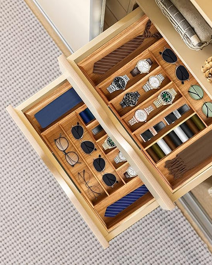 Large Premium Acacia Silverware Organizer - Expandable Drawer Organizer & Utensil Organizer - 17"x19.7" Cutlery Tray with Dividers for Kitchen Utensils and Flatware (7-9 Slots) Acacia