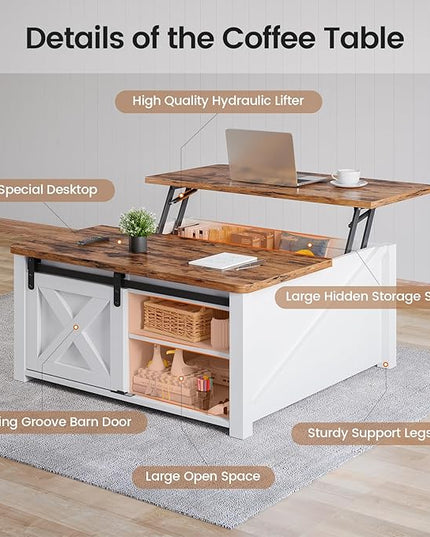 SEDETA 31.5" Lift Top Coffee Table with Storage, Square Coffee Tables for Living Room, Farmhouse Coffee Table with Large Hidden Storage Compartment and Adjustable Shelves, White