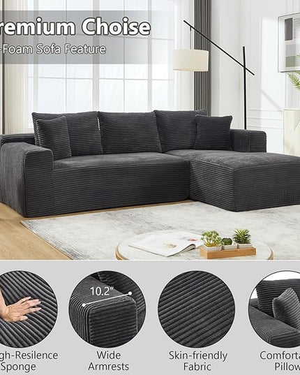 PELUMY 108.7" L-Shaped Modular Sectional Sofa with Oversized Chaise, Cloud Couch with Memory Foam, No Assembly Required Sleeper Sofa for Small Space Living Room, Apartment (Grey, Corduroy)