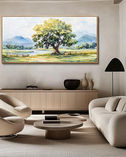 PHAOHUAXM Large Farmhouse Wall Decor For Living Room Wall Art For Bedroom Office Decor Green Tree Ink-Wash Landscape Painting Artwork Canvas Printing Pictures Wall Home Decor 30x60In Wood Framed