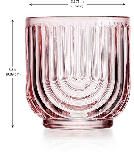 Glaver's Vintage Glassware Art Deco Glasse Ribbed Drinking Glasses U-Shape Arch Design Colored Cocktail Kitchen Tumblers Everyday Dinner Decorative Party (Pink S/4 11oz)
