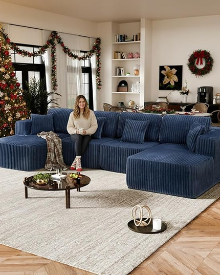 132" U Shaped Boneless Couch, Cloud Sectional Modular Sofa with Double Chaise Lounge, Corduroy Cloud Couch with Pillows & Deep Seat, Boneless Sofa for Living Room, Blue