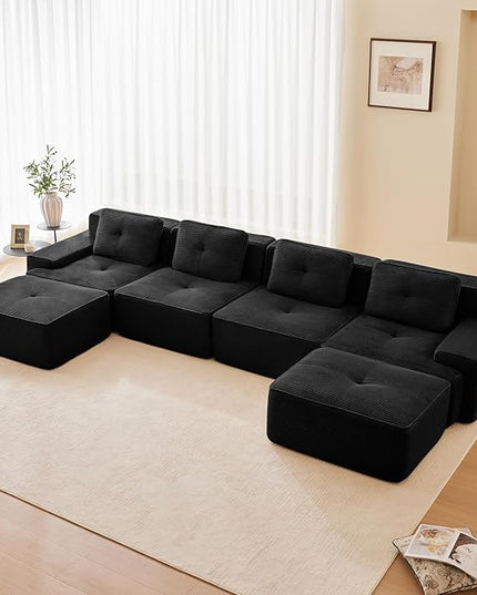 Hommoo 153" Oversized Sectional Sofa, Modular U Shaped Couch with Ottoman, Comfy Corduroy Couches with Deep Seat, 6 Seat Convertible Boneless Sofa for Living Room No Assembly Required Black