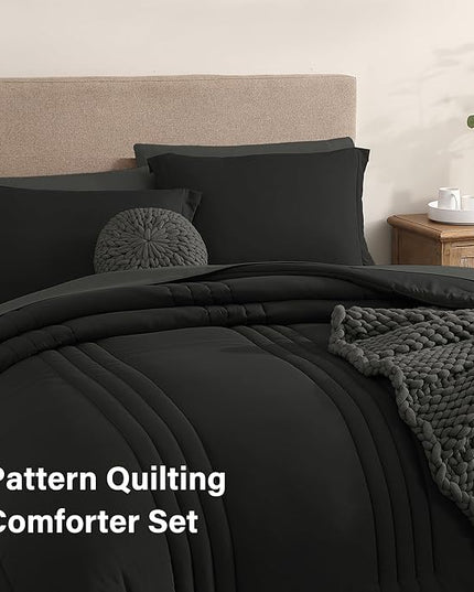 Monbix Full Comforter Set - 7 Pieces Black Bed in a Bag Full Size Bedding Sets with Comforters, All Seasons Down Alternative Comforter with Sheets,Pillowcases & Shams