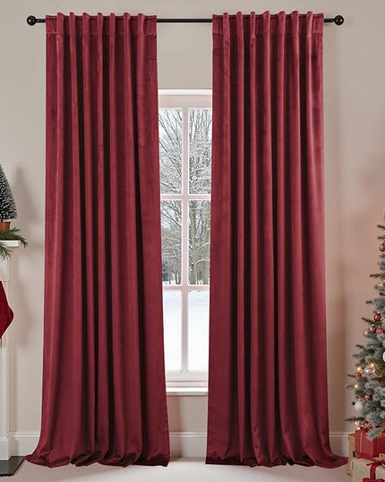Burgundy Pleated Velvet Christmas Curtains 96 Inch Long for Ceiling Track System, Cortinas Navideñas Para Sala, Vintage Wine Maroon Red Floor Length Victorian Curtains for Living Room, 2 Panel Set