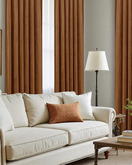 LAMIT Bronze Brown Velvet Curtains for Living Room 108 Inches Long, Mid Century Thermal Blackout Curtains Room Darkening Back Tab and Rod Pocket Panels for French Country, 2 Panels, 52 x 108 Inch