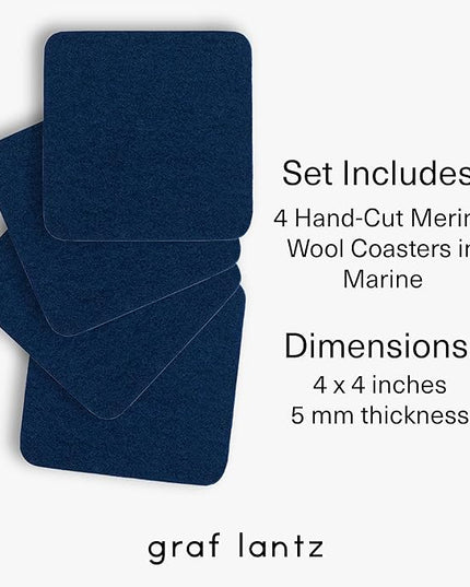 Graf Lantz - Bierfilzl Merino Wool Square Coasters Set of 4 - Marine (4"x4"x5mm) - Absorbs 30% of Weight - Natural German Wool - Heat Resistant, Sustainable, Reusable - Home Decor, Coffee Table Decor