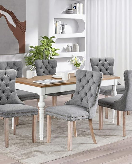 SoarFlash Linen Fabric Dining Chair Set of 6, Upholstered Tufted Dining Room Chair with Nailhead Trim and Solid Light Color Wood Leg for Kitchen (Smoky Gray)