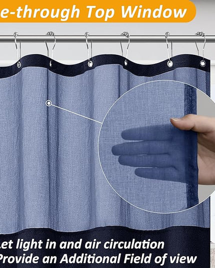 Naturoom Navy Blue Linen Shower Curtain with Fabric Liner Set Rustic Style Modern Farmhouse Shower Curtains for Bathroom 200GSM Burlap Cloth Double Bath Curtains with See Through Top Window 72x72