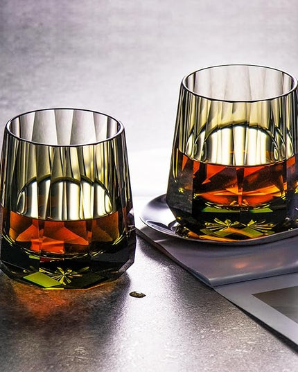 KAMMAK Crystal Whiskey Glasses Set of 2, Handcrafted 6.76oz Old Fashioned Glasses Stemless, Luxury Cocktail Glasses, Hand Blown Scotch Cup for Women, Men Gift for Rocks, Bourbon, Bar Barware