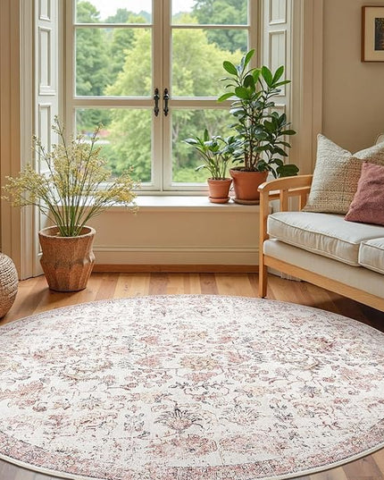 jinchan Kalen Round Rug 7ft Area Rug Washable Vintage Indoor Retro Accent Floor Cover Distressed Floral 7' Round Circle Boho Non Slip Thin Carpet for Living Room Dining Room Bedroom Kitchen Red