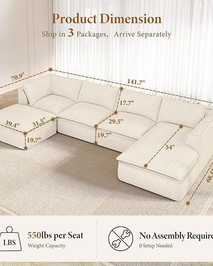 Vesgantti 141.7" U Shaped Sectional Boneless Couch, Modern 6 Seater Modular Sofa with Chaise & Ottoman, Deep Seat Plush Corduroy Cloud Couches for Living Room, No Assembly Required, Beige