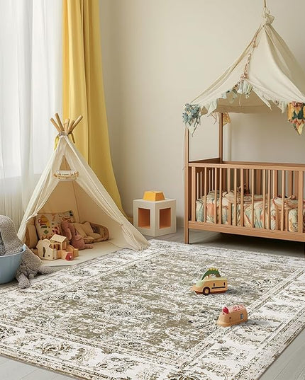 jinchan Fiora Washable Area Rug 4x6 Ultra-Thin Low Pile Non Slip Stain Resistant Soft Faux Wool Floral Rug Distressed Boho Vintage Carpet for Bedroom, Living Room, Kitchen, Nursery(Taupe, 4' x 6')