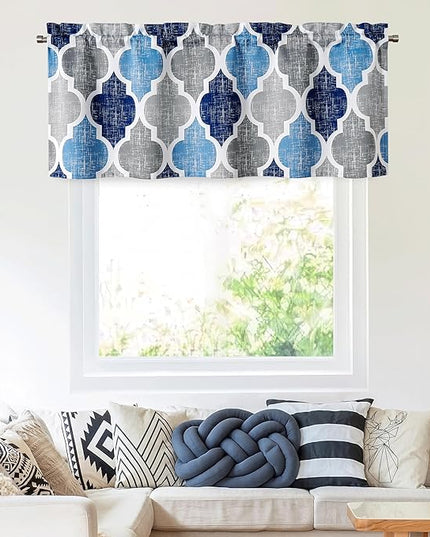 Beauoop Lattice Blackout Window Valance Curtain Panels Thermal Insulated Noise Reduction Drapes for Kitchen Cafe Living Room Quatrefoil Window Treatment Sets Rod Pocket, 50W x 18L, Blue/Gray, 1 Panel