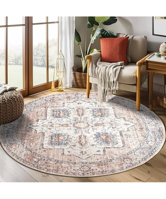 jinchan Round Rug 4ft Area Rug - Machine Washable 4'Circle Vintage Floral Non-Slip with Rubber Backing Ultra-Thin Low-Pile Carpet for Living Room Dining Room Entryway (4'Round, Orange)