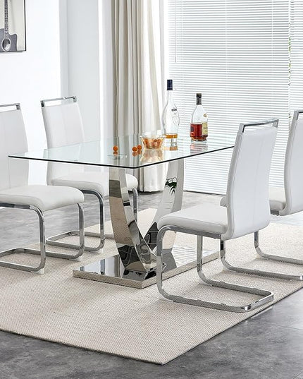 63” Dining Set Table and 4 Chairs,Glass Dining Table Set for 4, Tempered Glass Kitchen Table and PU Leather Chairs, Chrome Silver Dining Room Table Set for4