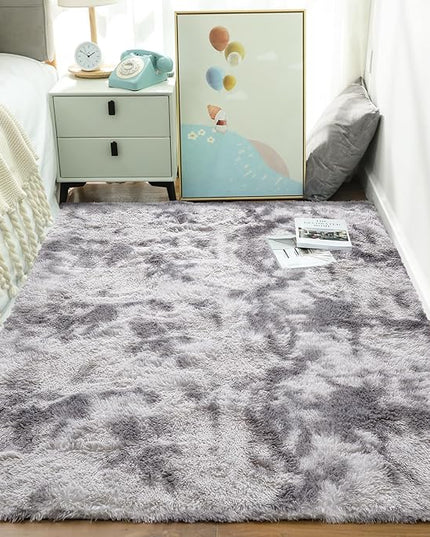 Ophanie 4x6 Tie-Dyed Grey&White Area Rugs for Bedroom Living Room, Fluffy Shag Large Fuzzy Plush Soft Throw Rug, Gray Large Shaggy Floor Big Carpets, Kids Home Decor Aesthetic, Nursery