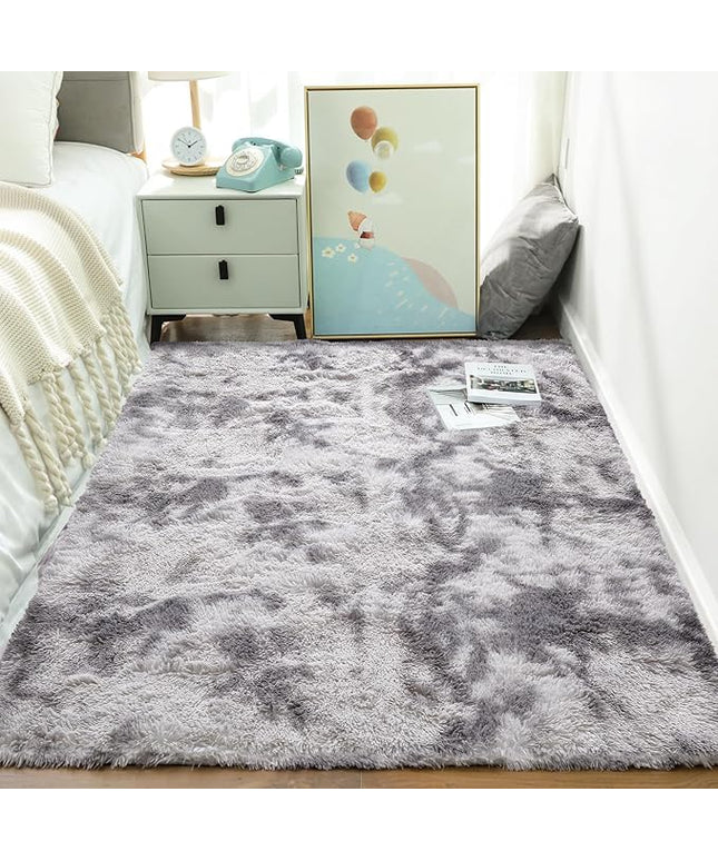 Ophanie 4x6 Tie-Dyed Grey&White Area Rugs for Bedroom Living Room, Fluffy Shag Large Fuzzy Plush Soft Throw Rug, Gray Large Shaggy Floor Big Carpets, Kids Home Decor Aesthetic, Nursery
