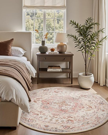 PADOOR-Vintage 6FT Round Rug-Rugs for Living Room-Soft Pink Circle Rug-Machine Washable Rugs for Bedroom-Non Slip Carpet-Rug for Dining Room Living Room Bedside Office