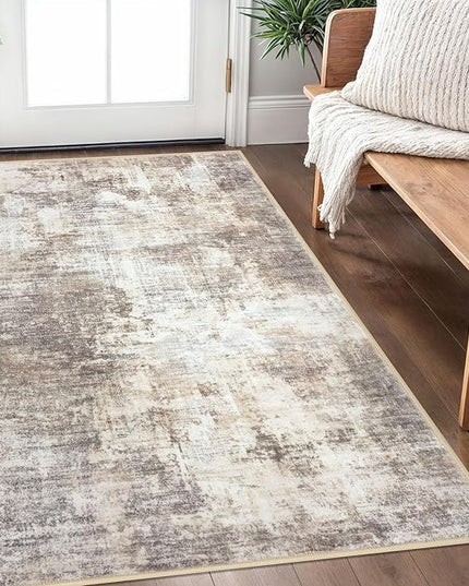 IOHOUZE Abstract Area Rug 3x5 Ft Washable Rugs for Entryway Indoor, Non Slip Kitchen Rug Printed Faux Wool Throw Rugs, Indoor Door Mat for Door Entrance Foyer Living Room, Beige Brown