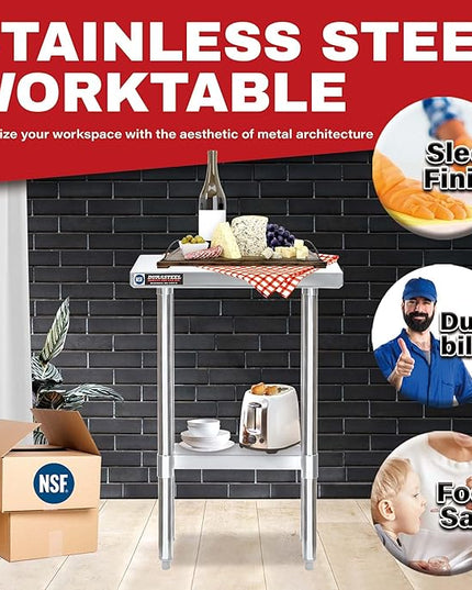 DuraSteel 24x12 Small Stainless Steel Table - NSF Metal Narrow Commercial Food Prep Side Worktable with Under Shelf - For Laundry Room, Kitchen, Outdoor Grill, Small Spaces