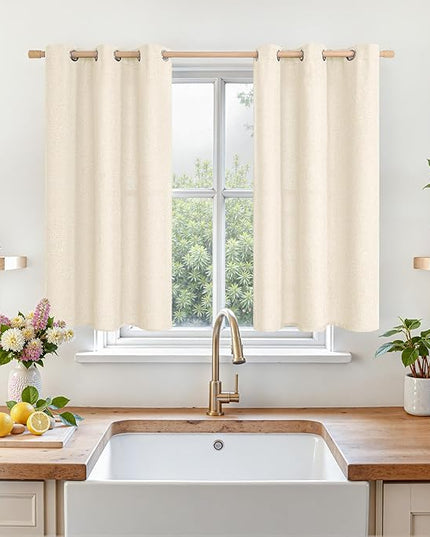 LAMIT Light Beige Linen Curtains for Bedroom 40 inch Length 2 Panels, Linen Textured Light Filtering Curtains Privacy Grommet Window Drapes for Living Room/Farmhouse, Set of 2 Panels, W42 x L40